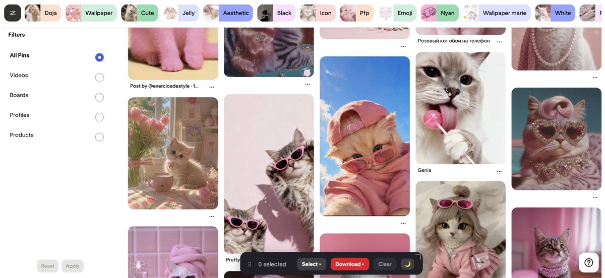 Pinterest search filters — All Pins, Videos, Boards, Profiles, Products — with topic chips