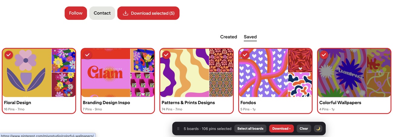 A Pinterest profile with five boards selected in Revapin