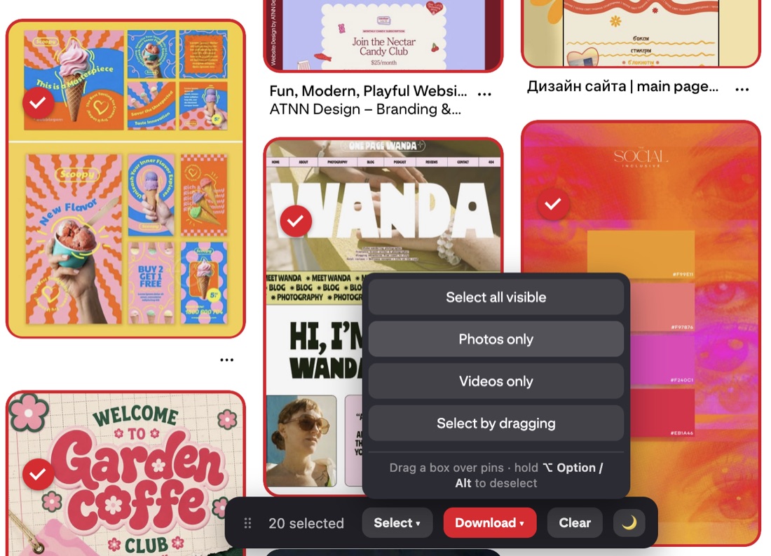 A Pinterest board with several pins selected and Revapin's Select menu open