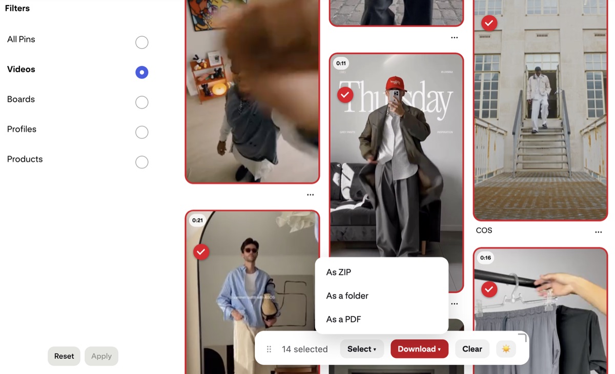 Video pins filtered and selected, with the download menu open