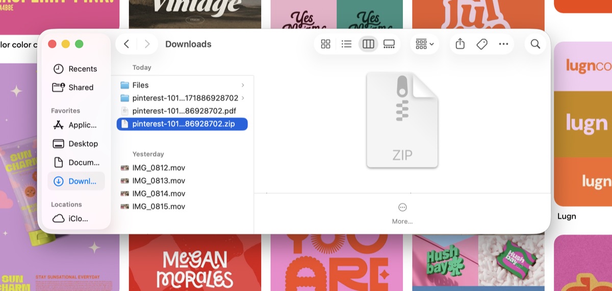 A downloaded Pinterest board saved as a ZIP file in Finder